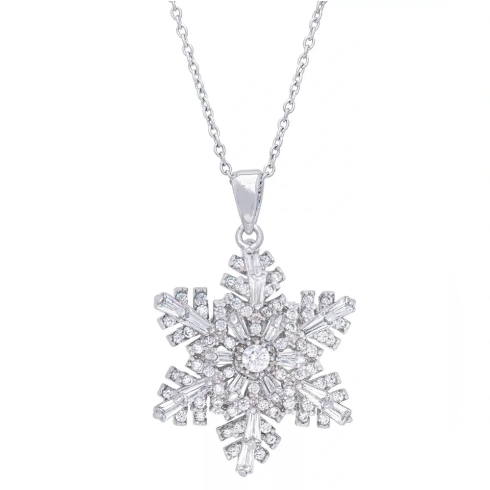 Silver Plated Cubic Zirconia Snowflake Spinner Pendant Necklace